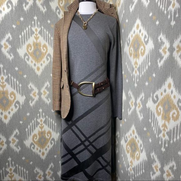 Ralph Lauren Black Label Dresses & Skirts - Ralph Lauren Charcoal Gray Cashmere & Graphite Silk Graphic Long Sweater Dress